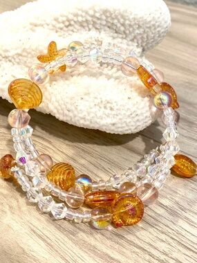 84. Orange & Crystal Beaded Memory Coil Bracelet - Women Jewelry